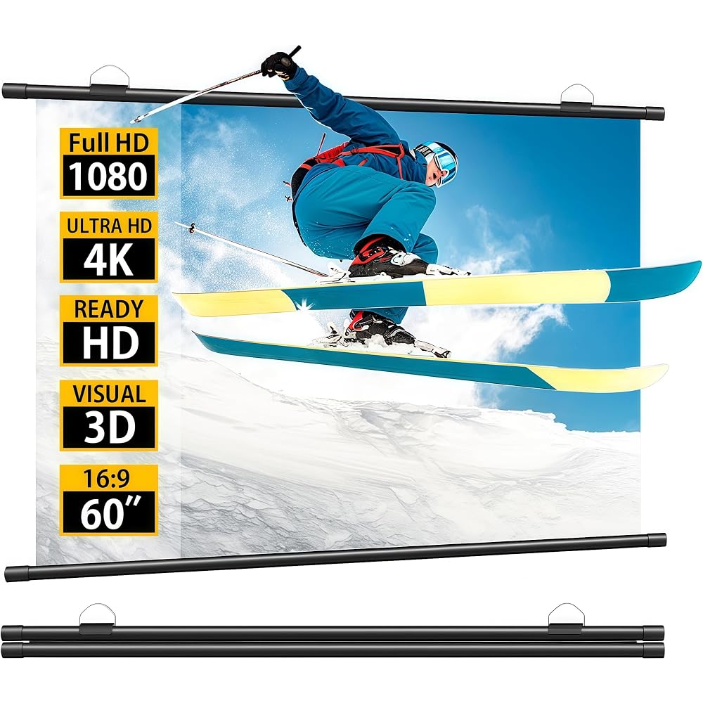 60-inch 16:9 Projector Screen, Hanging Type, Foldable, Wall Mountable, 170° Viewing Angle, Large Screen, Easy Setup, Portable, Indoor/Outdoor Use, Per