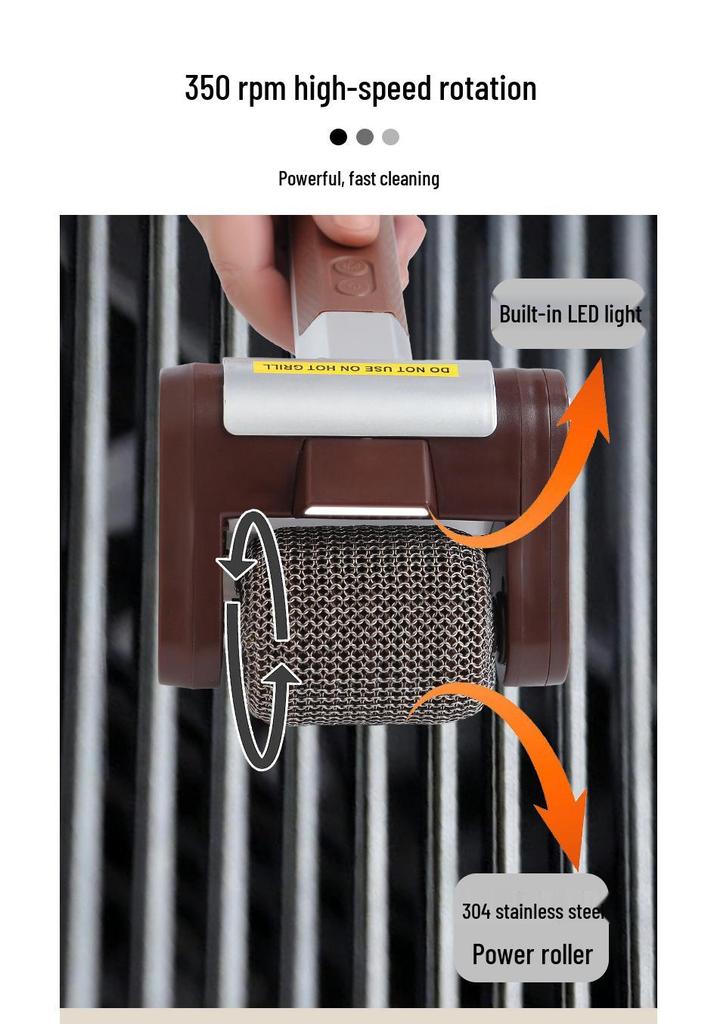 Rechargeable Stainless Steel Electric BBQ Brush with Light & Food-Grade Cleaning Roller