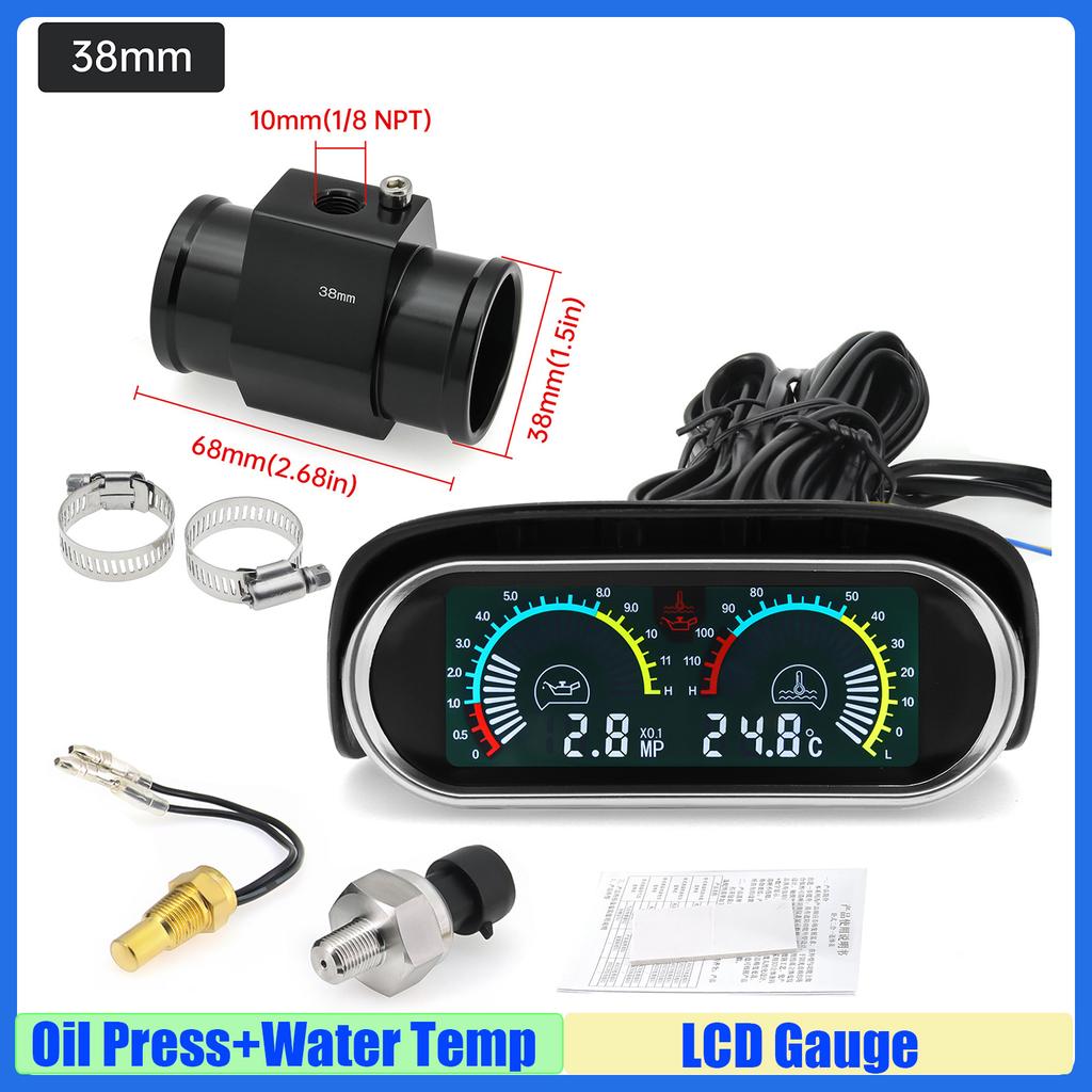 MAIMEIMI LCD Gauge Oil Pressure Gauge+Water Temperature Meter with Sensor Temperature Joint Pipe Sensor Radiator Hose Adapter