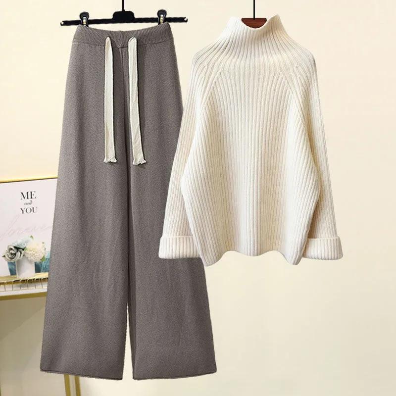 Осенне-зимние женские теплые трикотажные комплекты больших размеров, свитер с длинным рукавом и высокой талией, широкие трикотажные штаны на завязках