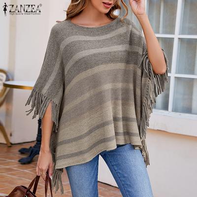 Женские свитера с круглым вырезом, рукавом 3/4, в полоску, повседневные, свободного кроя, асимметричной вязки