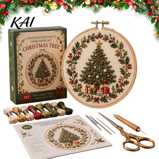 Home Decor Handmade Embroidery Christmas Kit for Beginners, Pre-Printed Pattern Full Set Tree Hanging Ornaments of Tools, DIY Needlework Festive Wall