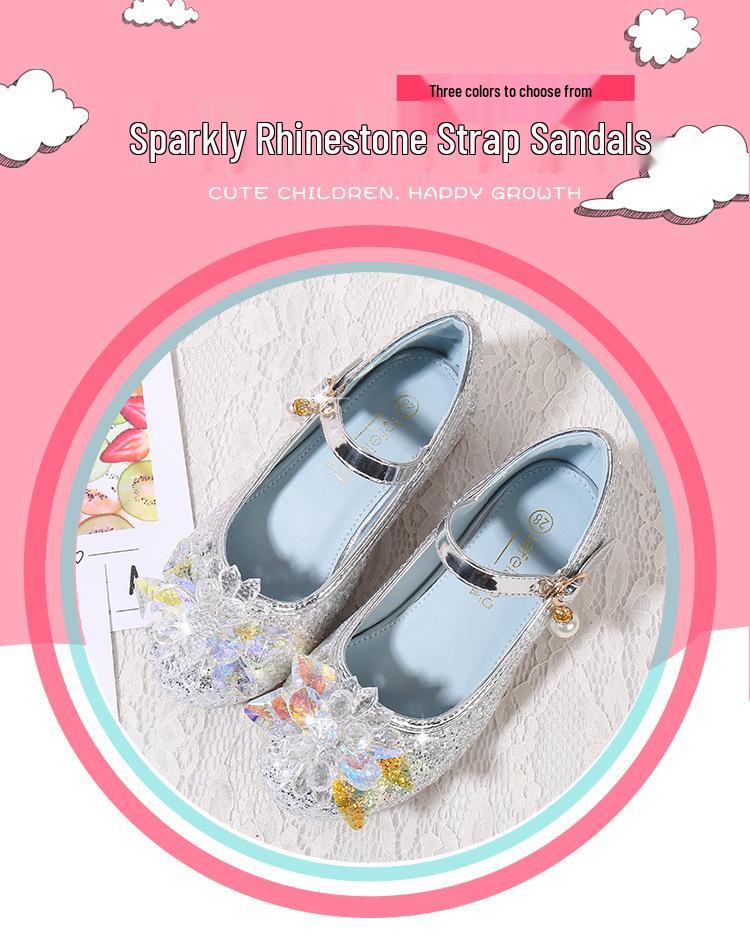 Туфли-лодочки принцессы с голубыми кристаллами для девочек - Весенне-осенние модные туфли с цветочным декором, не скользят для детей