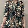 Women Clothes Casual Vintage Floral Print Ethnic Style Ice Silk T-shirt Summer Fashion O Neck 3/4 Sleeve Loose Tunic Ladies Tops