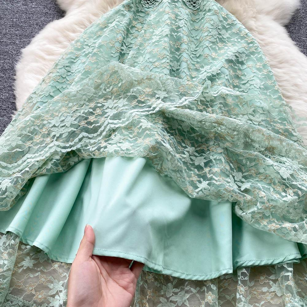 Женское зеленое кружевное вечернее платье с рукавами-крылышками, летние элегантные платья во французском стиле с вырезом и круглым вырезом, женские однотонные повседневные платья до середины икры