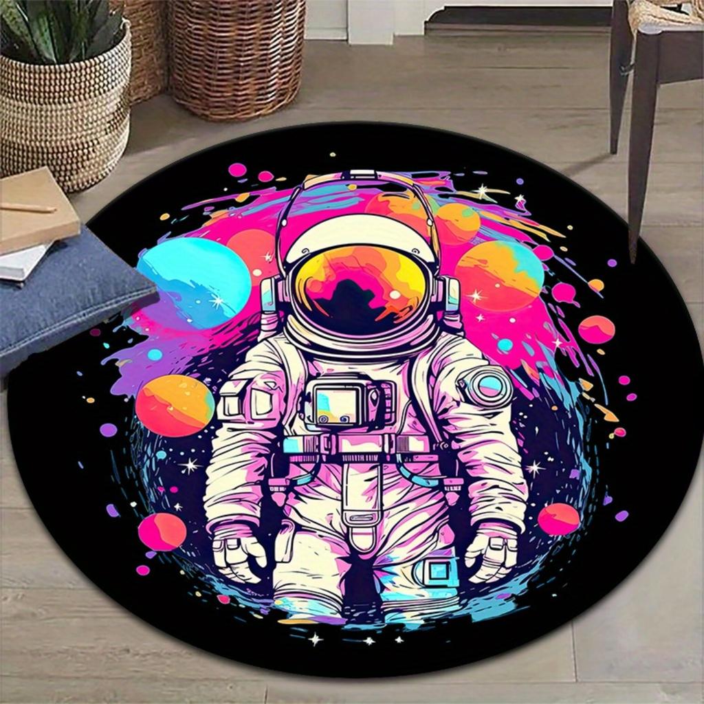 Round Astronaut Space Rug Sci Fi Decor Living Room Bedroom Soft Flannel Carpet Unique Design Floor Mat Home Decoration