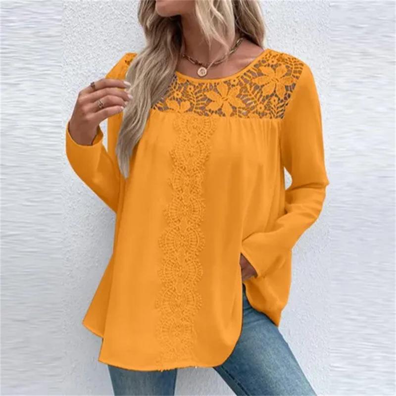 Женская блузка, повседневная, свободная, плиссированная, с ажурным кружевом, с круглым вырезом и длинным рукавом, футболка