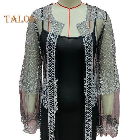 2 Pcs/Set Women Evening Dress Big Swing Shiny Bronzed Cardigan Slip Dress Set See-through Mesh Long Sleeve Coat Cocktail Events Special Occasions