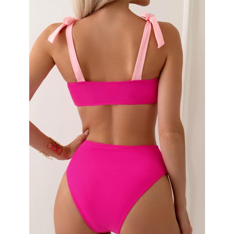 Sexy Tie Shoulder High Waist Bikinis Sets Two Pieces Pink Swimsuit Women Padded Swimwear Bandeau Brazilian Biquini Beach Wear