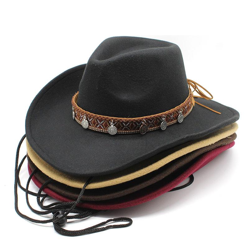 Western Cowboy Hat Retro Jazz Hat Woolen Top Hat Cowboy Felt Hat Ethnic Cowboy Hat With Windbreak Rope