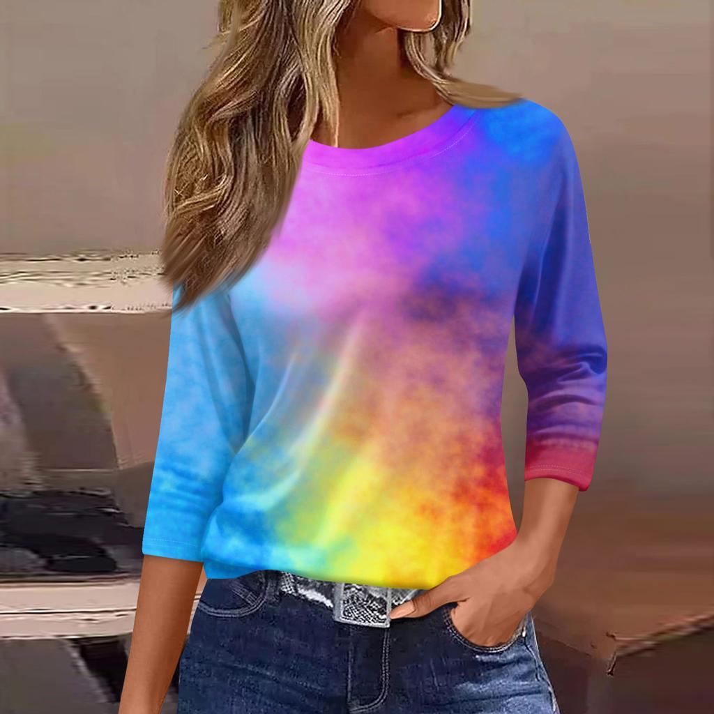 Женская Модная Повседневная Круглый Вырез 3/4 Рукава Свободная С Принтом Футболка Женский Топ