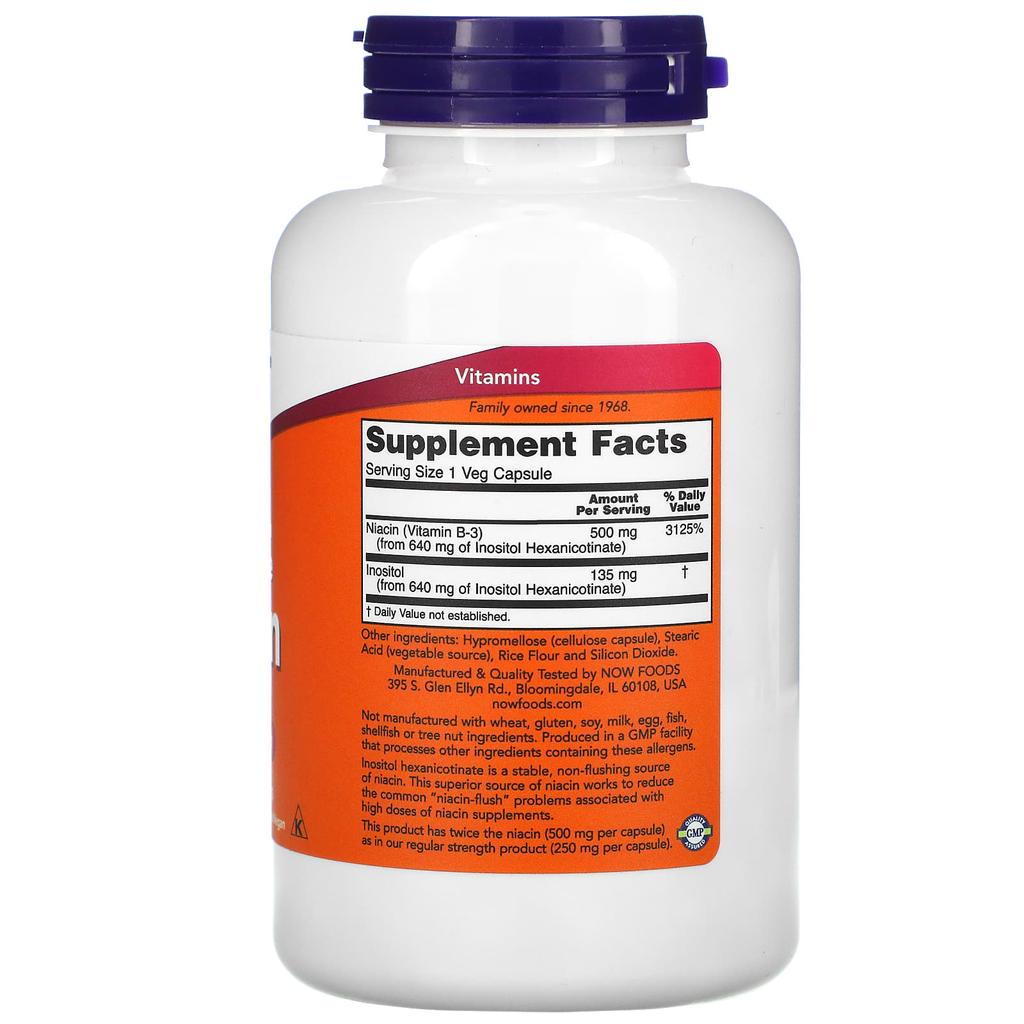 NOW Foods, Ниацин, Против покраснений, Двойная сила, 500 мг, 180 растительных капсул