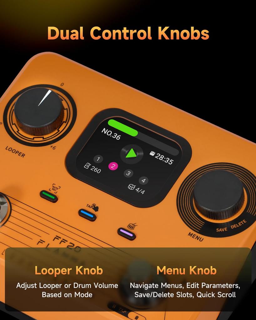 FLAMMA FF20 Педаль лупер Драм-машина с 300 минутами записи 220 барабанных партий 100 Время зацикливания Авто USB Выход для наушников для гитары и баса Экран, Время,