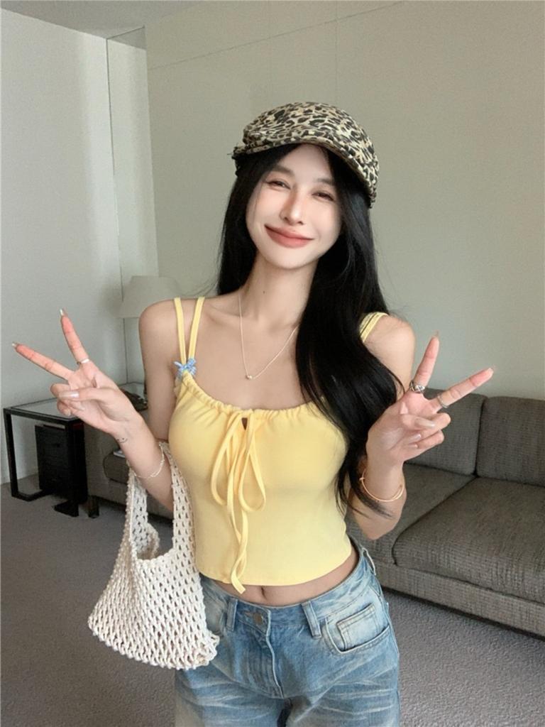 Chest Pad Tank Top  Halter Crop Tops Women Summer Bow Camis Backless Camisole Fashion Tube Lady Sleeveless Cropped Vest