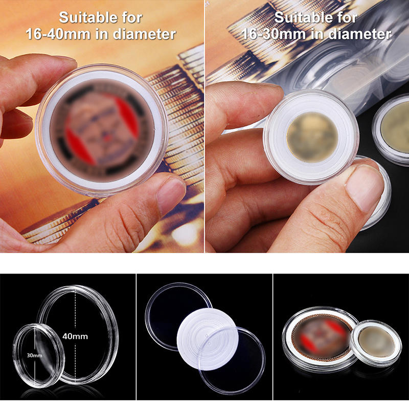 100PCS Clear Coin Holder Capsule Case with Protector Gasket Plastic Storage Box for Collectable Coins Medal Collection Supplies