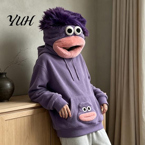 Skin Friendly Winter Wear Big Mouth Creature Flannel Hoodie with Comb, Men Women Oversized Hooded Unisex Pullover Top Sweatshirt, Thickened