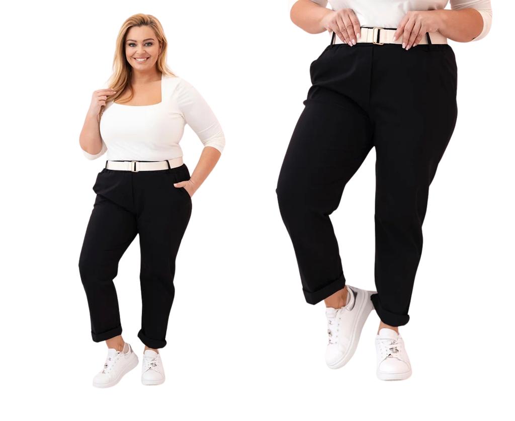 Spodnie Damskie Bawełniane Plus Size Z Paskiem Czarne 6Xl