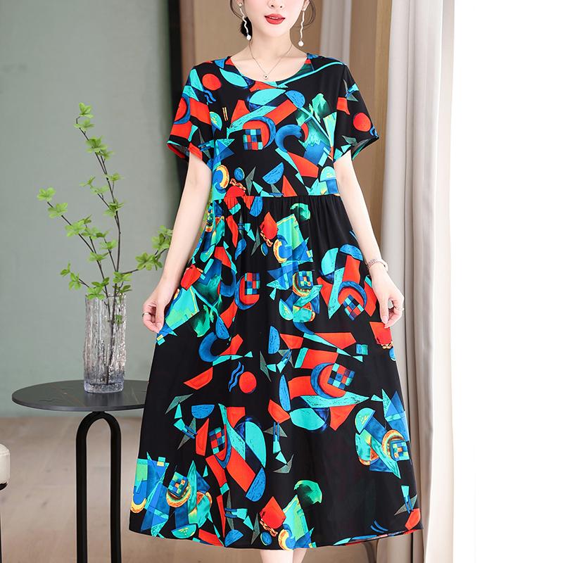 Elegant Long Dresses Women Summer Casual Short Sleeve Vintage Dress Korean Style O-Neck Female Clothing