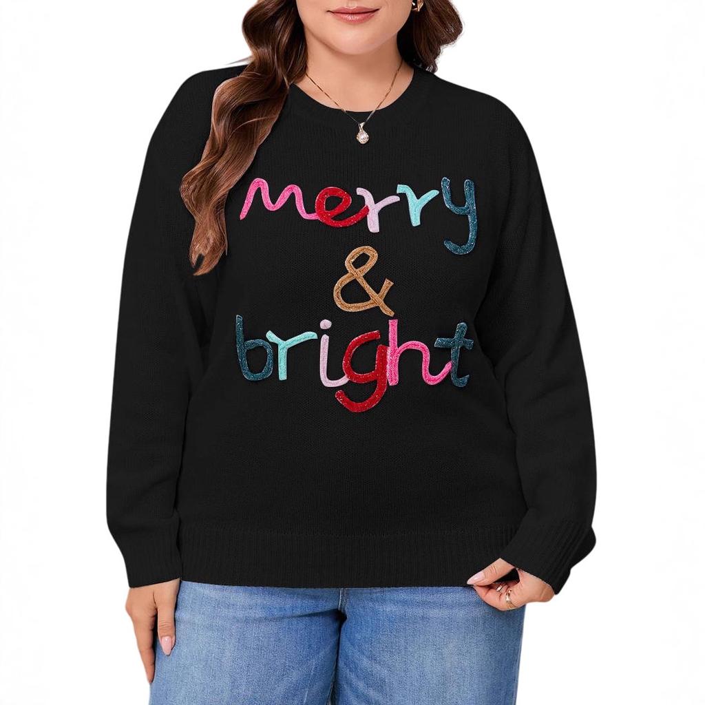 Large Size Loose European And American Autumn And Winter New Sweater Women'S Knitted Letter Jacquard Crew Neck Pullover