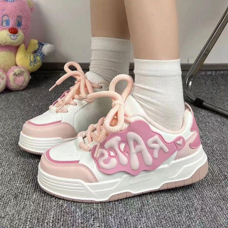 Модные туфли Kawaii женские кроссовки на платформе милые теннисные женские модные сладкие розовые желтые балетки студенты вулканизированная обувь осень