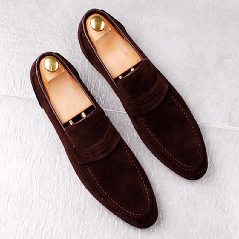 Мужские лоферы слипоны в британском стиле из замши со скрытым увеличением роста и матовым кожаным заостренным носком