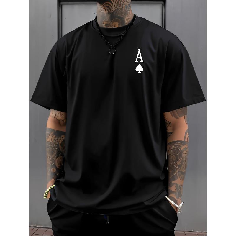 Европейские размеры Мужские Туз пик (Лопата А) Футболка с принтом логотипа - Черная повседневная футболка с коротким рукавом и круглым вырезом с культовым дизайном карточной масти