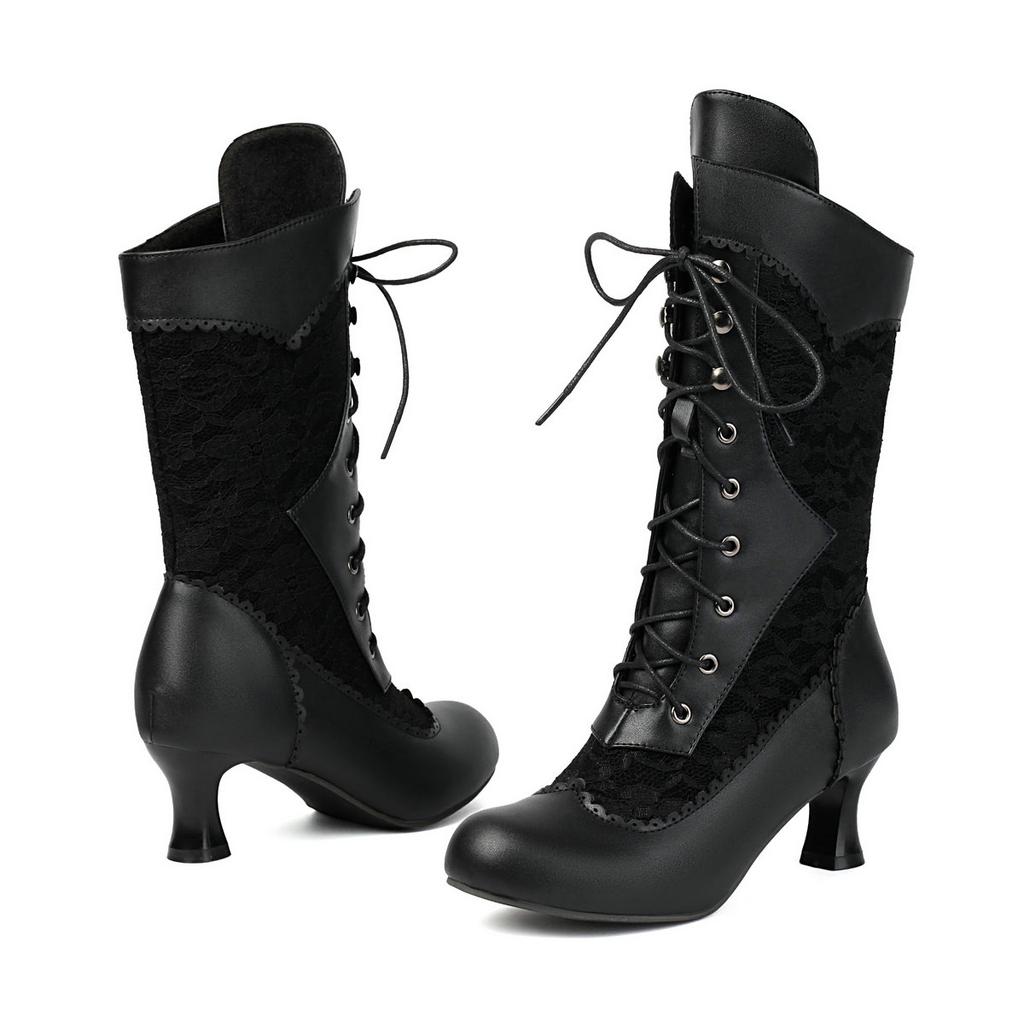 Осенне-зимние винтажные женские викторианские сапоги на шнуровке с высоким каблуком, ботильоны с оборками, обувь для косплея принцессы Лолиты для вечеринки