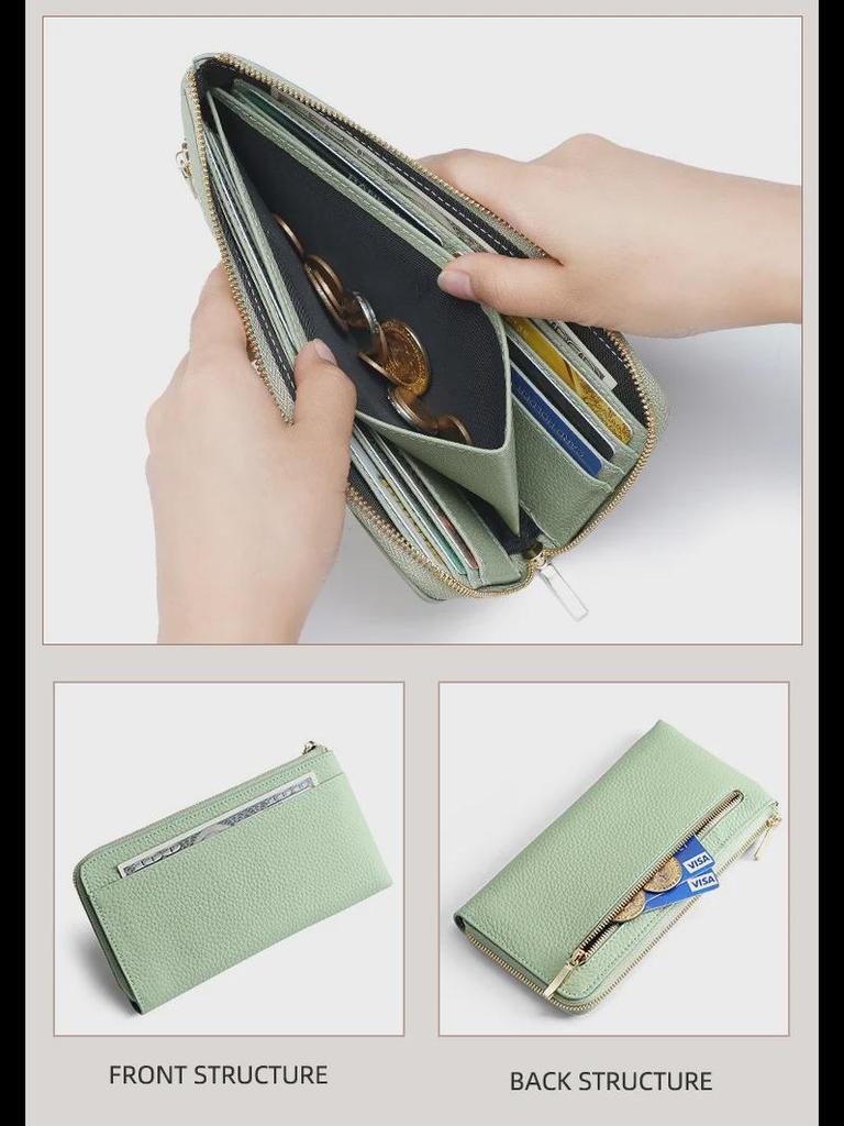 Women's Genuine Leather RFID Wallet with Multi-Card Slots & Zippered Coin Purse