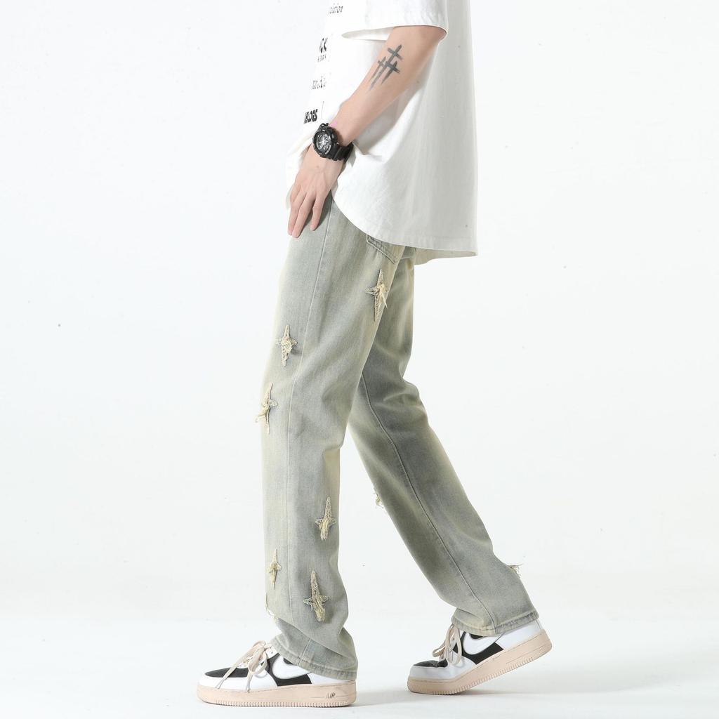 Мужские мешковатые джинсы Y2K из 80% хлопка со звездами, джинсовые повседневные расклешенные брюки, спортивные штаны для мужчин, американский стиль, 2023