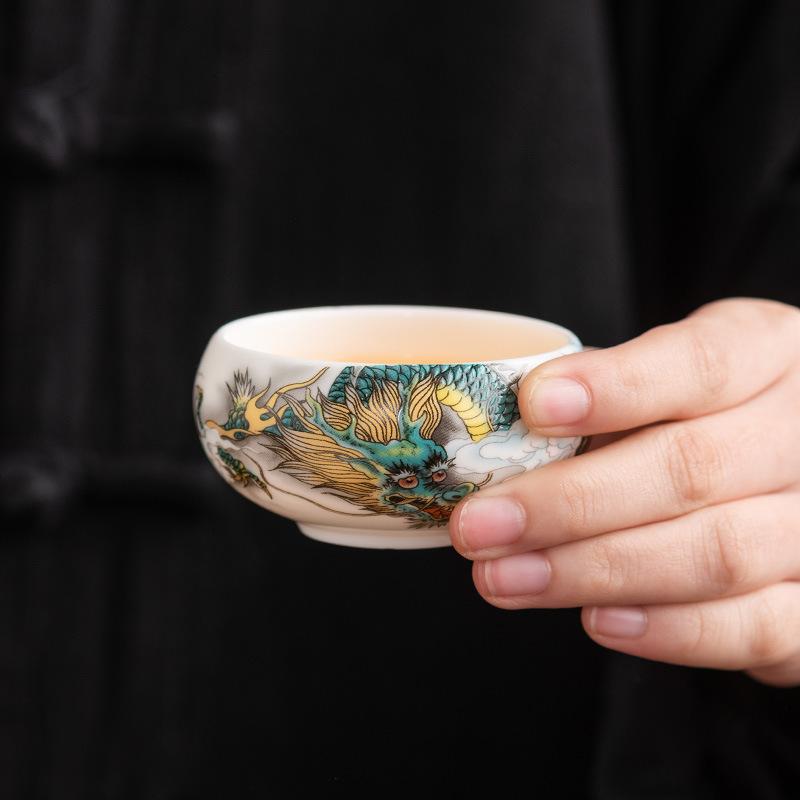 High-grade Ceramic Teacup Kung Fu Cup Owner Dragon Year Limited Hand-painted Suet Jade White Porcelain Single Cup Tea Set Accessories