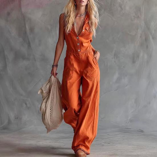 Summer Women Jumpsuit V Neck Sleeveless Front Button Casual Loose Wide Leg Pants Ladies Long Romper Overall with Dual