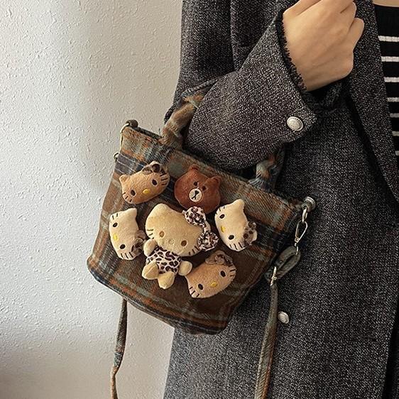 Ielgy Fashion Cute Doll Handbag Autumn Winter Woolen Check Bucket Bag Large Capacity Crossbody Bag