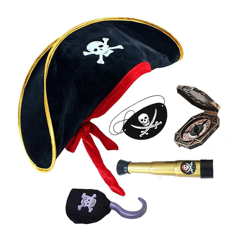 Pirate Compass Skull Print Hat Costume Kits for Treasure Hunt Stylish Role Play Accessories for Halloween Party