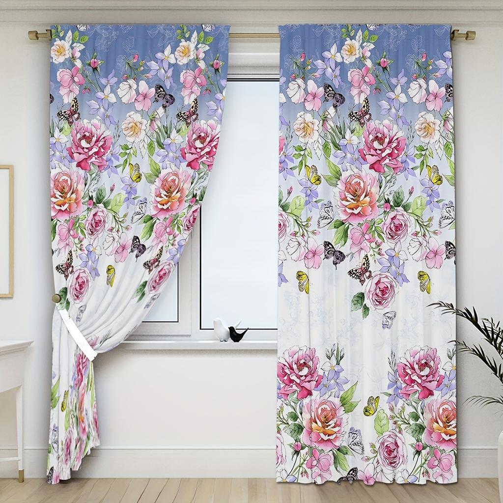 2 шт. полиэстеровые шторы с персиковым цветком и красной розой, HD цифровая печать, дизайн кармашков для окон, шторы для спальни, гостиной