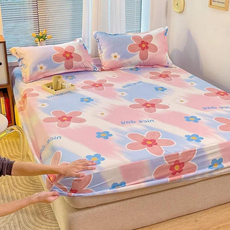 Зеленый клетчатый узор Набор простыней на резинке Любовь Сердце Защитный чехол для матраса 3 предмета Хлопковый постельный комплект Дышащий, приятный для кожи