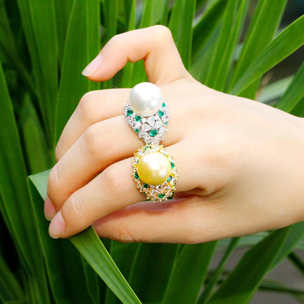 Ювелирные изделия CMM Регулируемый зеленый кубический цирконий большой искусственный жемчуг обручальные кольца для женщин CZ ювелирные изделия для свадебной вечеринки