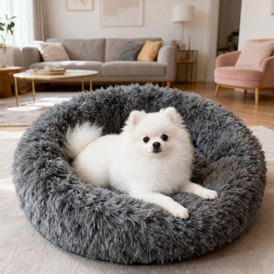 Round Pet Nest Bed Fuzzy Cat Bed Calming Donut Bed with Non-Slip Bottom Washable Fluffy Dog Bed for Small Medium Dogs And Cats