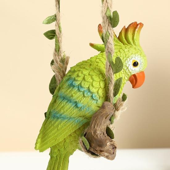 Parrot with Swing Waterproof Ornaments Decoration Hemp Resin Hanging Rope Simulated Green