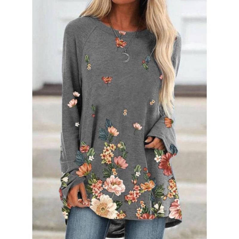 Футболка с длинным рукавом и градиентным цветочным принтом 3D, женская модная футболка с цветочным принтом, длинная туника с круглым вырезом, женская футболка, женская одежда