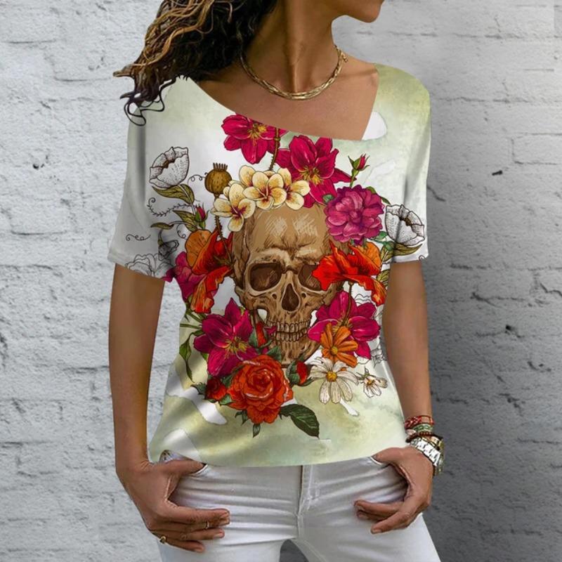 Винтажная женская футболка с черепом и 3D принтом, косой воротник, блузки, повседневный пуловер с короткими рукавами, топы, летняя одежда больших размеров, футболки