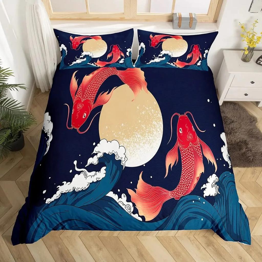 Koi Fish Duvet Cover Set Carp Tie Dye Bedding Sets Traditional Chinese Ink Art Bedspread Lotus Leaf Nature Quilt Cover Full Size