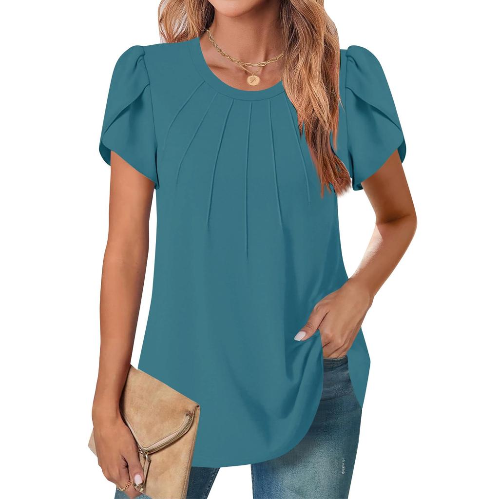 Женский повседневный топ с круглым вырезом и коротким рукавом на груди, плиссированный, с клапаном на рукаве, однотонный