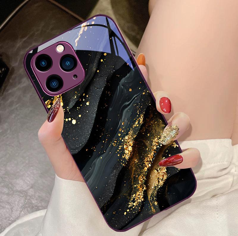 Темно-золотистый черный чехол из закаленного стекла для iPhone 16 Pro Max 15 Pro 14 13 12 Mini 11 XS Max XR 7 8 Plus SE 2022