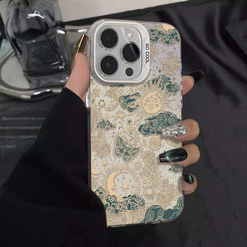 Ретро Стиль Солнце Луна Звезды Арт Чехол для Телефона для Серии iPhone 17 16 15 14 13 12 11 Pro Max Plus Двухслойная Защита