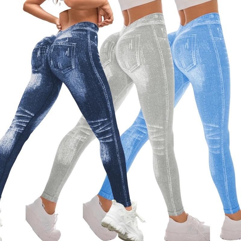 Женские спортивные леггинсы для йоги, искусственные джинсы, обтягивающие, бесшовные, для фитнеса, для улицы