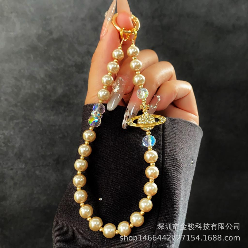 Инкрустированная бриллиантами жемчужная цепочка для телефона, креативный шнурок для телефона, брелок, ремешок против потери, модная короткая подвесная цепочка, оптом