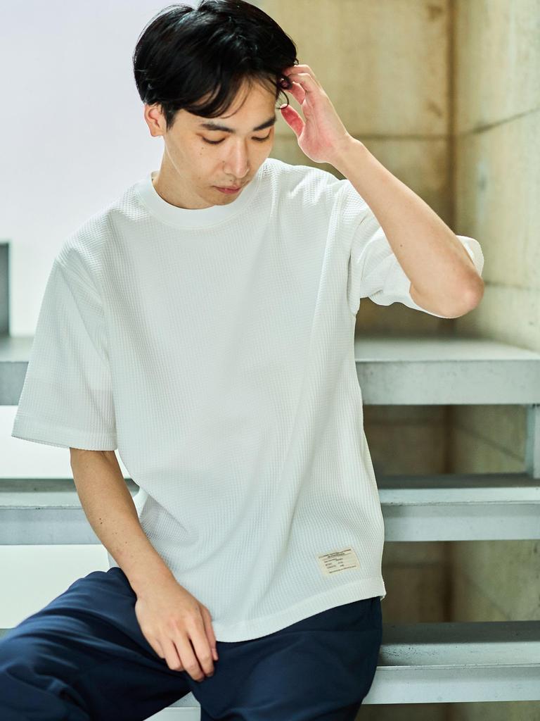 Футболка с коротким рукавом из вафельной ткани быстросохнущая Beams Heart (Влагоотводящий, Быстросохнущий и Не образующий катышков), Мужской, Белый, Размер L, 42040348639