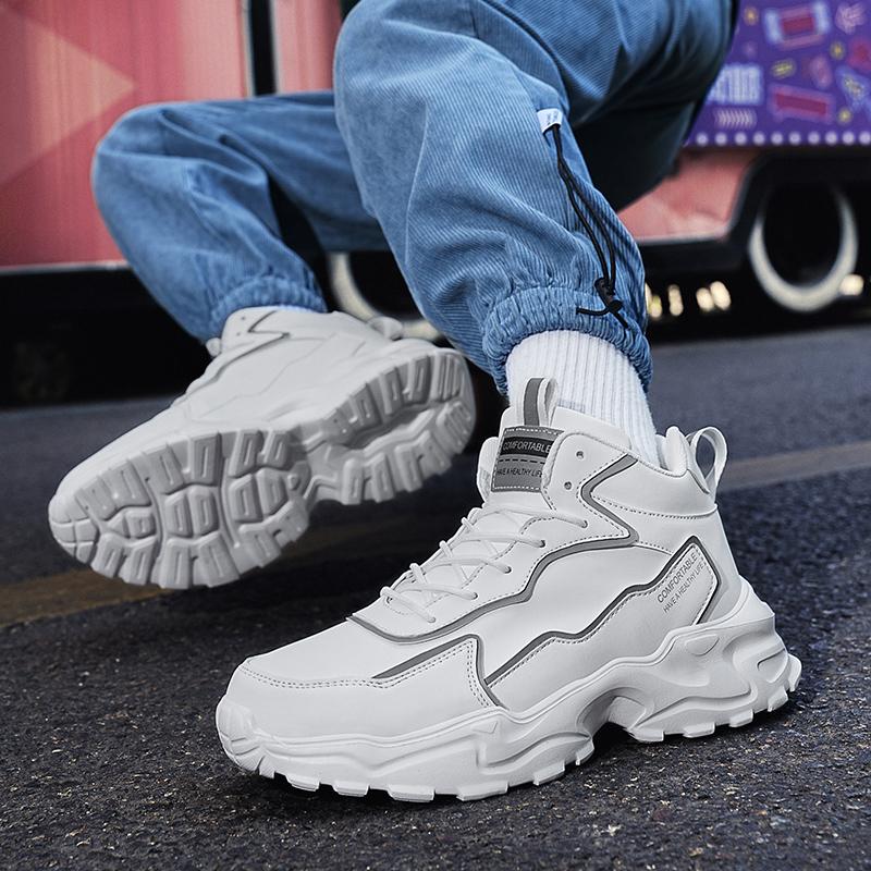 High Top Men's Shoes New Trendy Shoes Thick Soled Height Increasing Shoes Breathable Sports and Leisure Black Shoes White Shoe