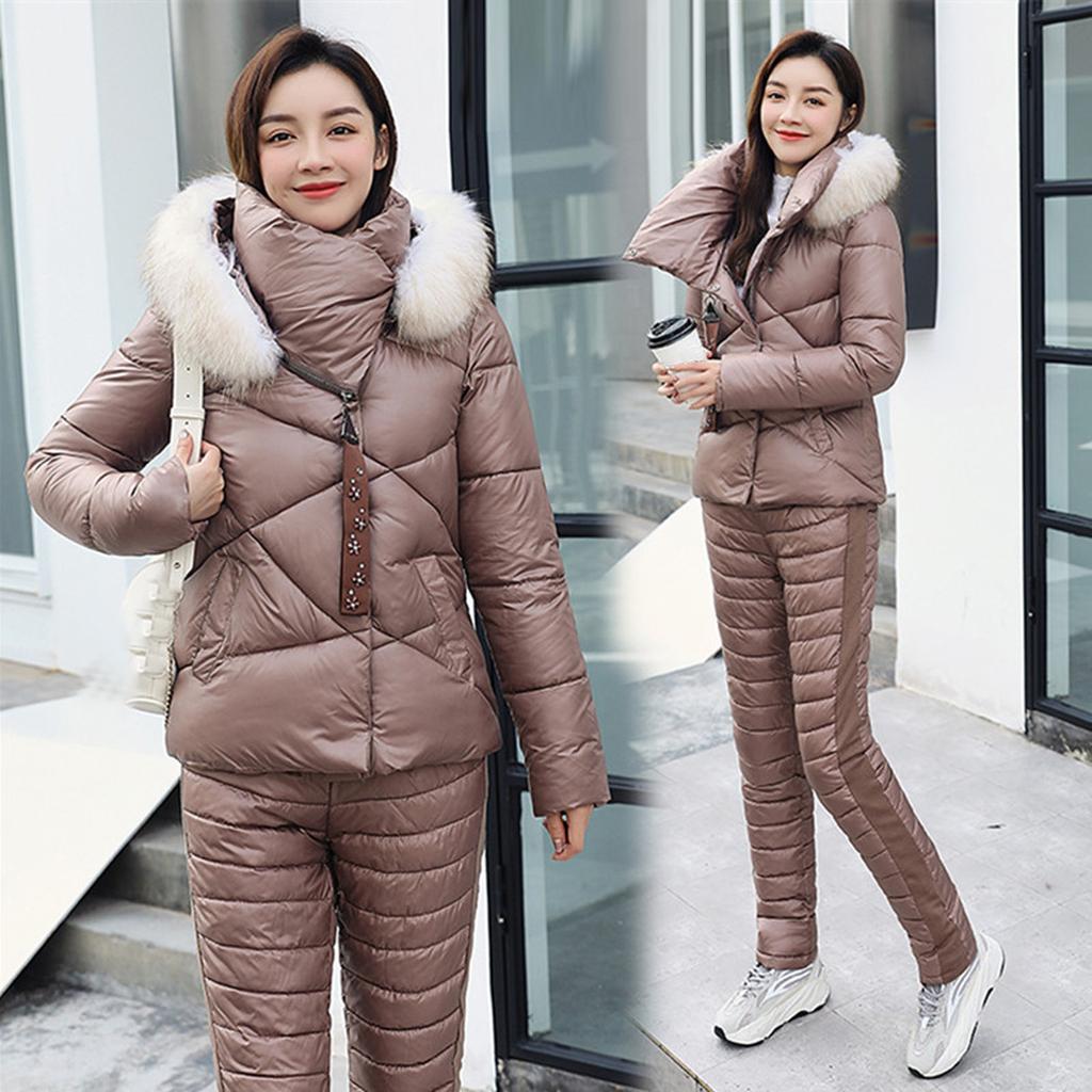 Women's Winter Warm Casual Loose Fur Collar Jacket + Loose Pants Two Piece Set