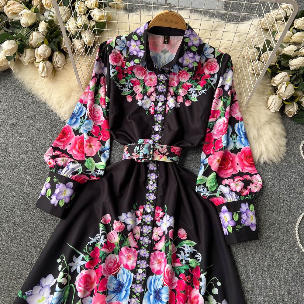 Весенне-осеннее платье-рубашка с длинными рукавами с лацканами и принтом, женское французское однобортное винтажное праздничное пляжное платье